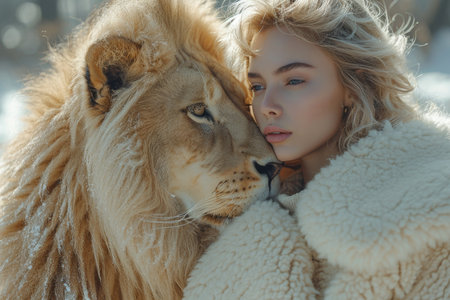 Beautiful fashionable young woman with a beautiful big lion.の素材
