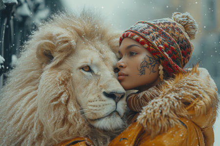Beautiful fashionable young woman with a beautiful big lion.の素材