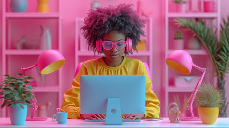 A stylish African American woman works in an office at a computer with headphones.の素材