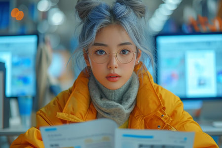 Portrait of an Asian woman working at home on a computer. The concept of a freelancer.の素材