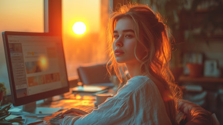 Portrait of a young girl working at home at a computer by the window at sunset. The concept of a freelancer.の素材