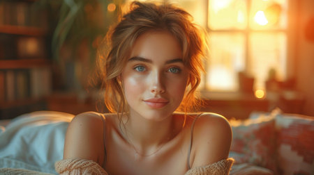 A lonely young girl enjoys the sunset at home near the window.の素材