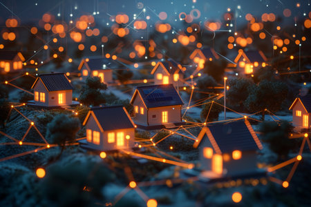 The concept of a modern urban landscape and a communication network. Telecommunications. Smart Home.の素材