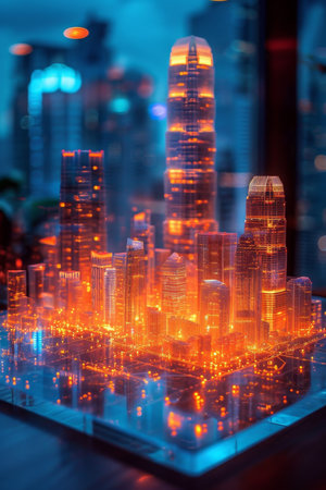 a hologram of the buildings of a large city on the table. The concept of a smart city.の素材