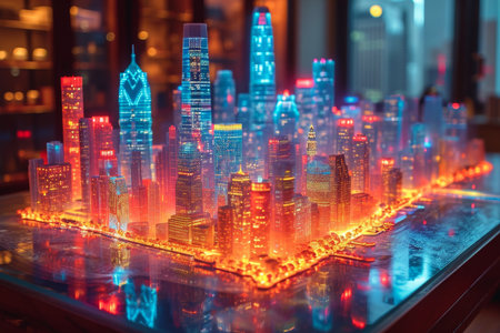 a hologram of the buildings of a large city on the table. The concept of a smart city.の素材