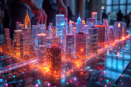 a hologram of the buildings of a large city on the table. The concept of a smart city.の素材