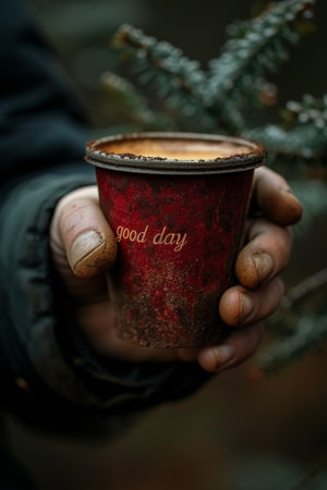 The inscription Good afternoon . Good afternoon on a coffee cup in the hands of a man.の素材