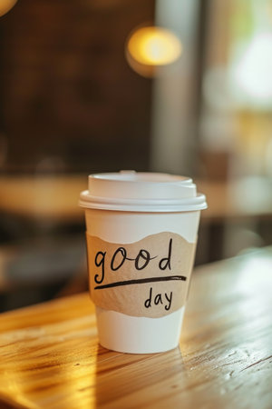 The inscription is Good day . Good afternoon on the coffee cup and wooden table.の素材