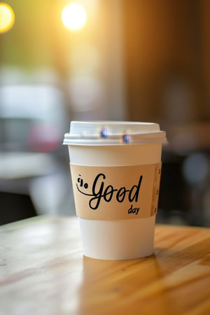 The inscription is Good day . Good afternoon on the coffee cup and wooden table.の素材