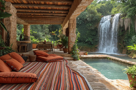Stylish interior with a sofa on the background of a lake with a waterfall.の素材