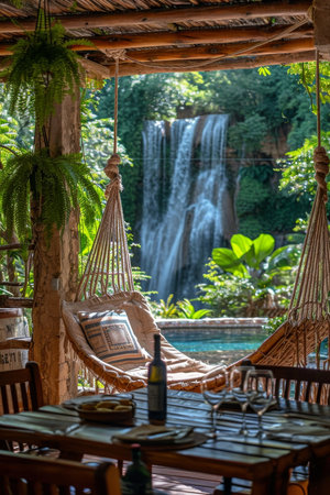 Stylish interior with a hammock on the background of a lake with a waterfall.の素材