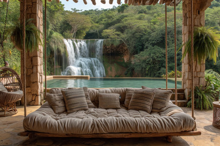 Stylish interior with a hammock on the background of a lake with a waterfall.の素材