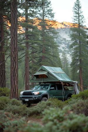 An SUV with a tent on the roof in the wild. Traveling by car.の素材