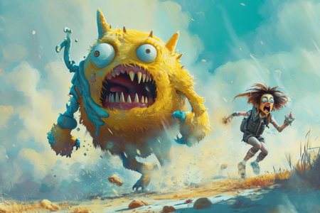 Two scary fairy tale monsters running around. 3d illustration.の素材