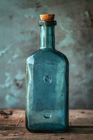 An empty glass bottle is on the table.の素材