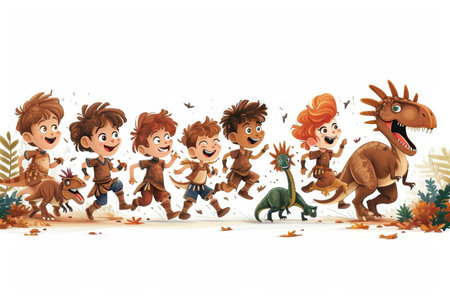Children play and run with dinosaurs. Illustration.の素材