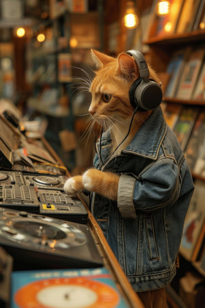 A cat with headphones in a music store.の素材