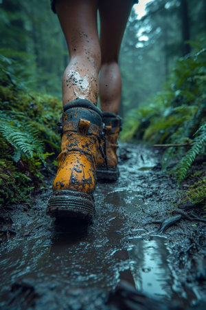A man walking through mud in the middle of the jungle in rainy weather.の素材