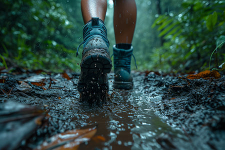 A man walking through mud in the middle of the jungle in rainy weather.の素材