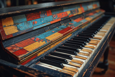 Close-up of the colorful keys of an old piano.の素材
