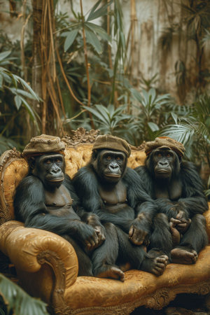 Gorillas in clothes are sitting on a couch outside.の素材