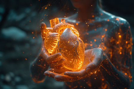 A red - hot human heart in his hands . 3d illustration.の素材
