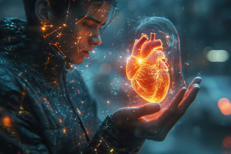 A man holds a red-hot human heart in his hands on a black background. 3d illustration.の素材