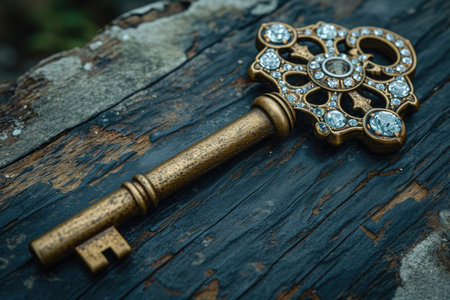 An old designer key with a lock decoration lies on a wooden background.の素材