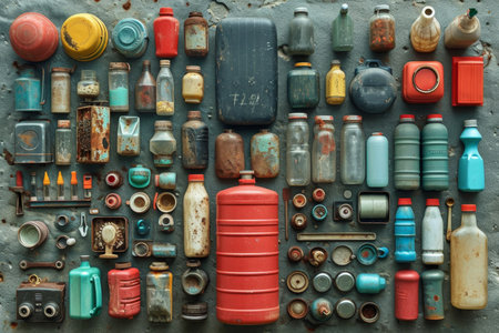 A large stack of old plastic bottles for recycling.の素材