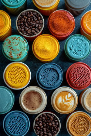 Lots of bright colorful jars.の素材