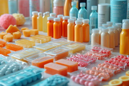 Lots of bright colorful jars.の素材