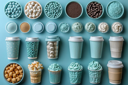 eco-friendly disposable tableware made of paper and wood on a blue background. the concept of recycling.の素材