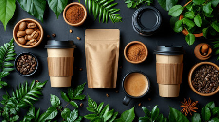 eco-friendly disposable tableware made of paper and wood with spices on a black background. the concept of recycling.の素材