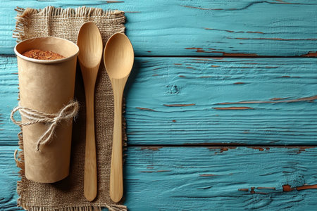 eco-friendly disposable tableware made of paper and wood on a wooden background. the concept of recycling.の素材