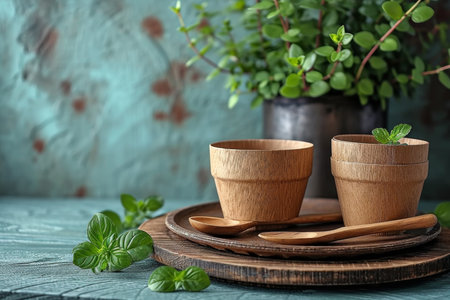 eco-friendly disposable tableware made of paper and wood on a wooden background. the concept of recycling.の素材