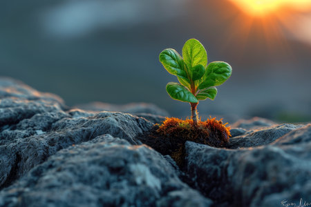 The sprout of the future tree makes its way through the rocky surface in the mountains. The concept of life and growth, despite the difficulties.の素材