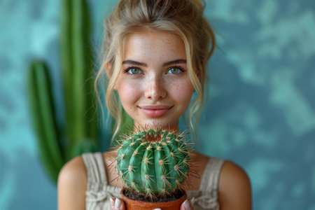 A girl holds a flower pot with a green cactus. Environmental protection and activism. Gardening and planting plants at home.の素材
