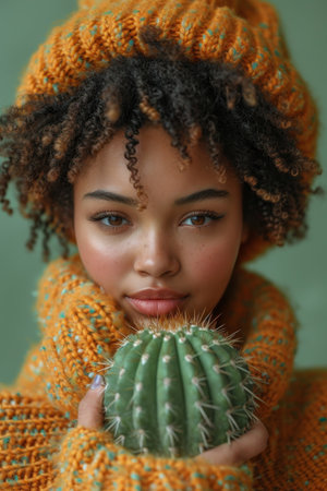 An African-American girl holds a flower pot with a green cactus. Environmental protection and activism. Gardening and planting plants at home.の素材