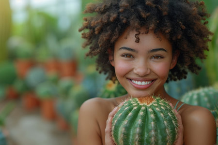 An African-American girl holds a flower pot with a green cactus. Environmental protection and activism. Gardening and planting plants at home.の素材