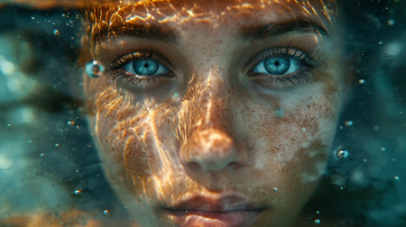 Portrait of a beautiful young girl underwater close-up.の素材