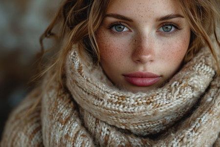 Portrait of a beautiful young girl in a warm sweater close-up.の素材