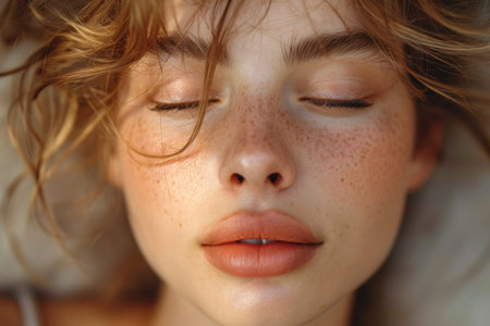 Portrait of a beautiful young girl with her eyes closed close-up.の素材
