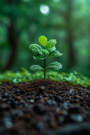 A green sprout growing out of the ground.の素材