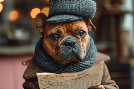 A dog in a hat and clothes reads a letter sitting in the interior.の素材