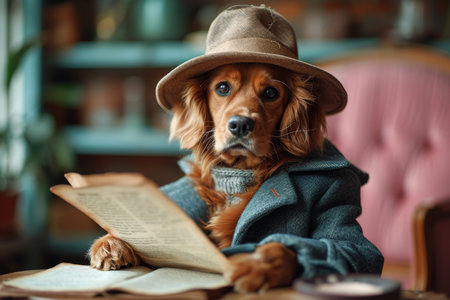 A dog in a hat and clothes reads a letter sitting in the interior.の素材
