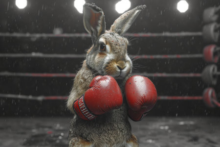 A cowardly rabbit in boxing gloves on the background of the ring. 3d illustration.の素材