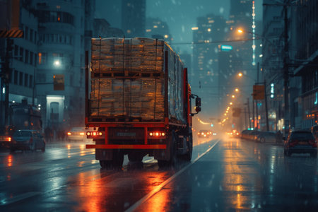 A loaded truck is moving along the road.の素材