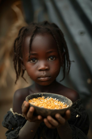 A little African hungry child with a plate of food in africa.の素材