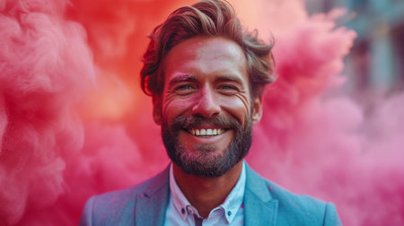 Portrait of young smiling businessman, successful entrepreneur, having triumph at the meeting, built an empire, top manager with a great deal of experience. His subordinates working on the backgroundの素材