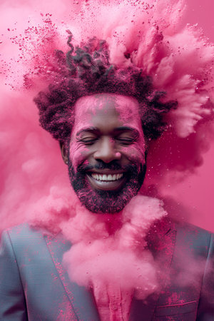 Portrait of young smiling businessman, successful entrepreneur, having triumph at the meeting, built an empire, top manager with a great deal of experience. His subordinates working on the backgroundの素材